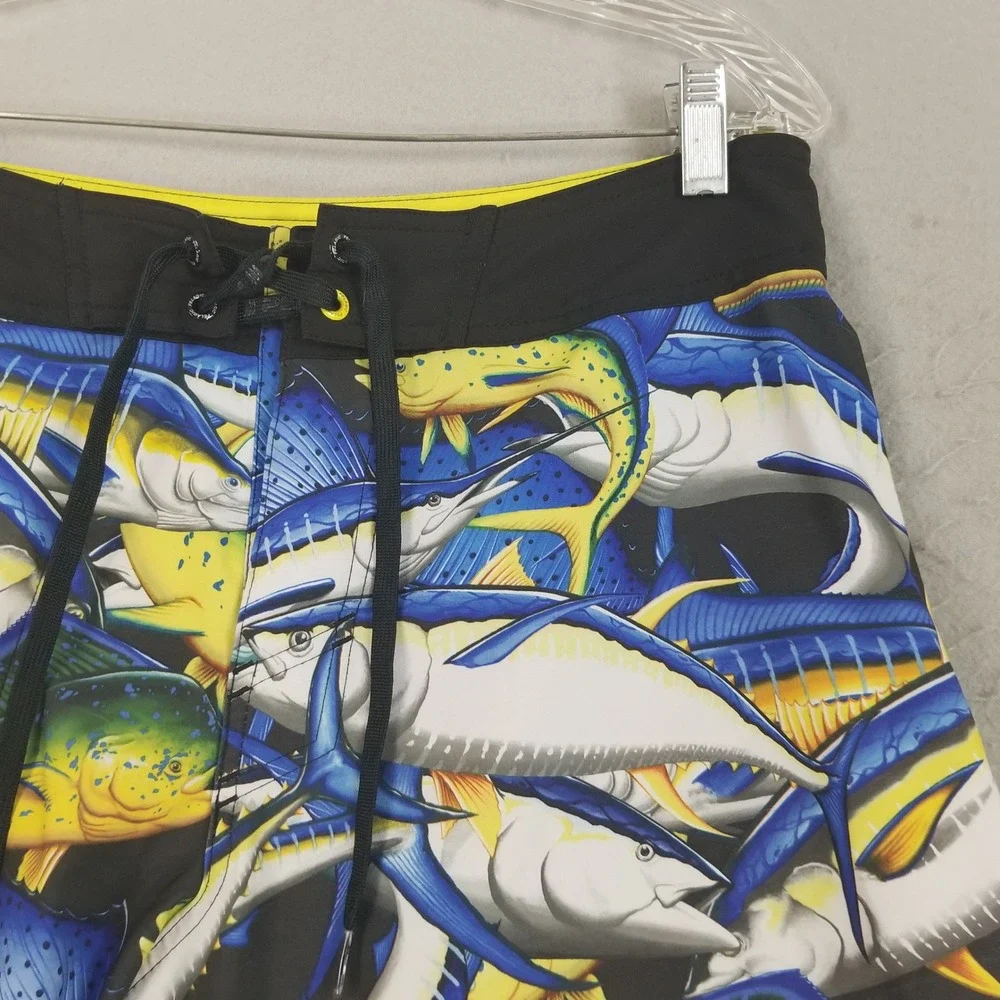 Pelagic Board Shorts Mens 32 Blue‎ Hydro-Lite Fish Print Marlin Tuna Mahi Mahi